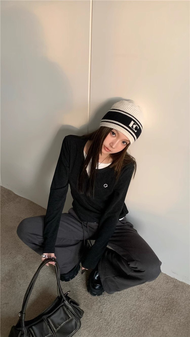 女士T恤假两件长袖T恤秋冬内搭修身显瘦打底上衣美式复古打底衫详情28
