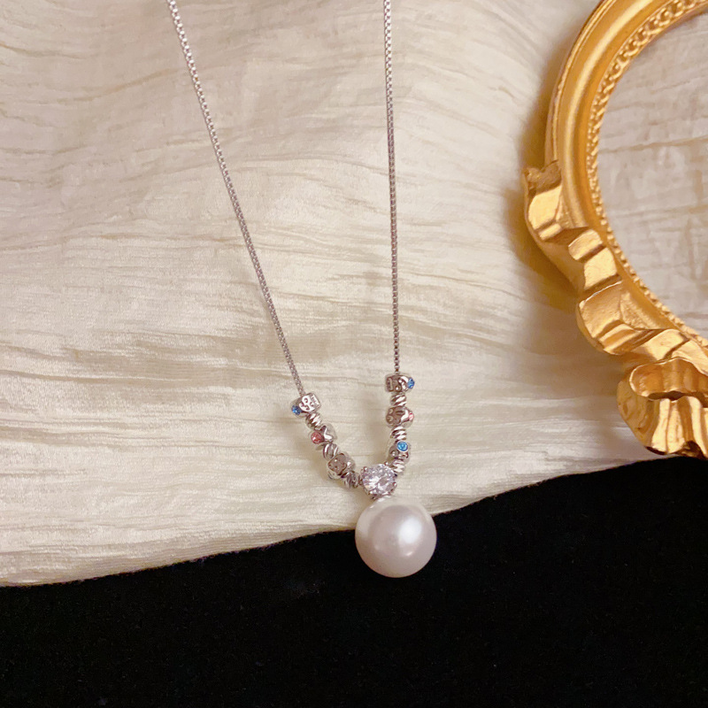 法式轻奢时尚高级感金属镶钻方块珍珠吊坠项链气质简约百搭锁骨链详情7