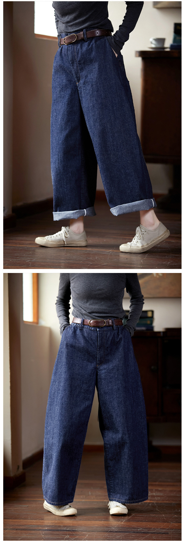 春秋款藏海蓝经典文艺复古耐磨阔腿半松紧牛仔裤长裤休闲挺括女裤详情12