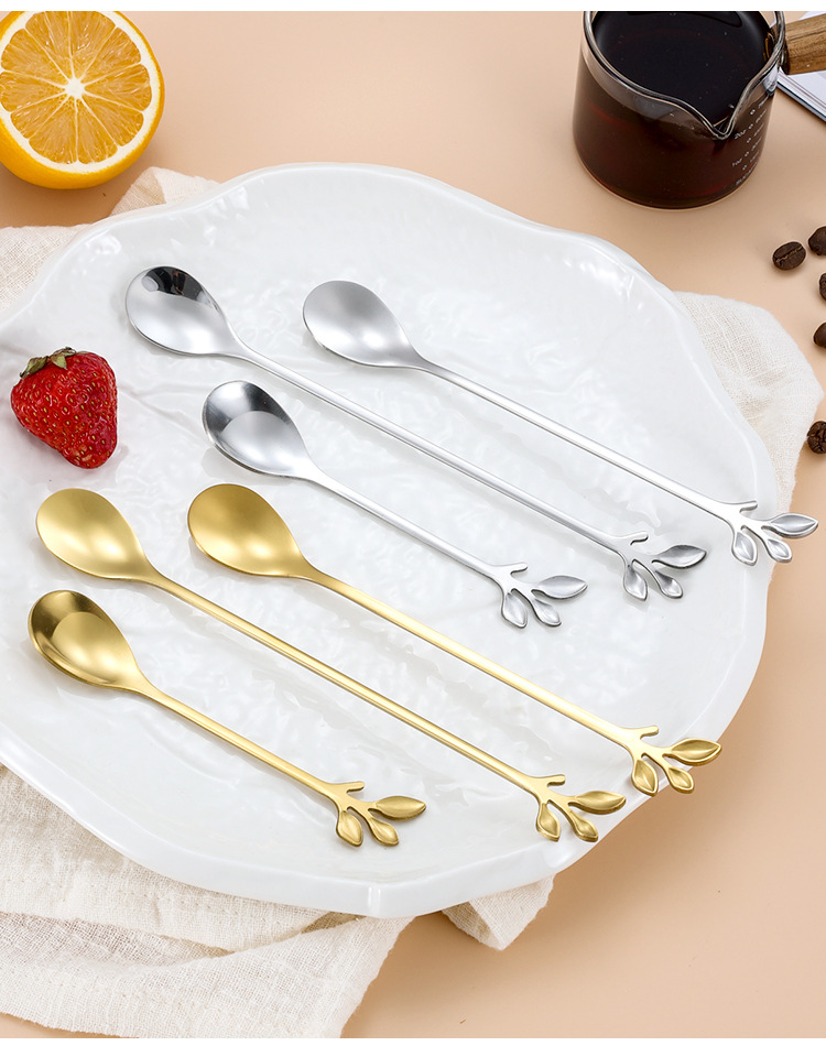 不锈钢树叶勺子创意水果叉欧式金树叶勺小咖啡勺搅拌勺甜品勺礼品详情15