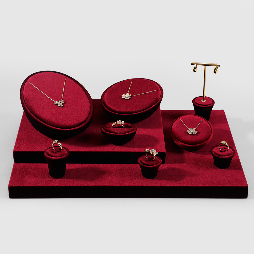 高端丝绒黄金珠宝首饰展示道具戒指项链手镯饰品展示架红色可定制详情8