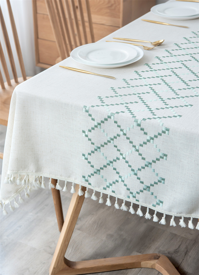 Amazon cross-border embroidered checkered flower tassel tablecloths, rectangular coffee tables, tablecloths and table coverings manufacturer embroidery pic 39