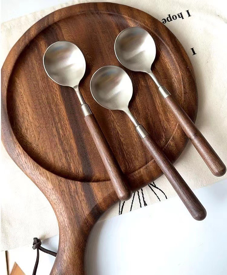 仿胡桃木柄简约质感不锈钢勺子叉子套装家用西餐餐勺高颜值餐具详情2
