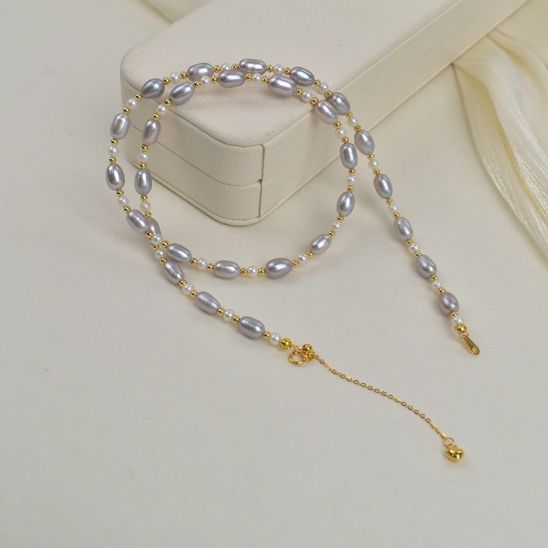 45cm natural freshwater pearl grey rice bead necklace for women, light luxury, simple and versatile collarbone chain S925 silver neck chain pic 5