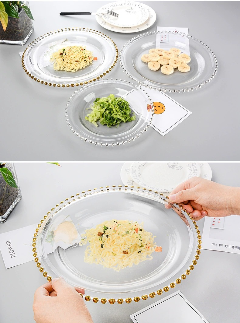 Qixian Pearl Dot glass plates, European-style creative gold and silver pearl Western dinner plates, base plates, electroplated dinner plates, glass round plates pic 12