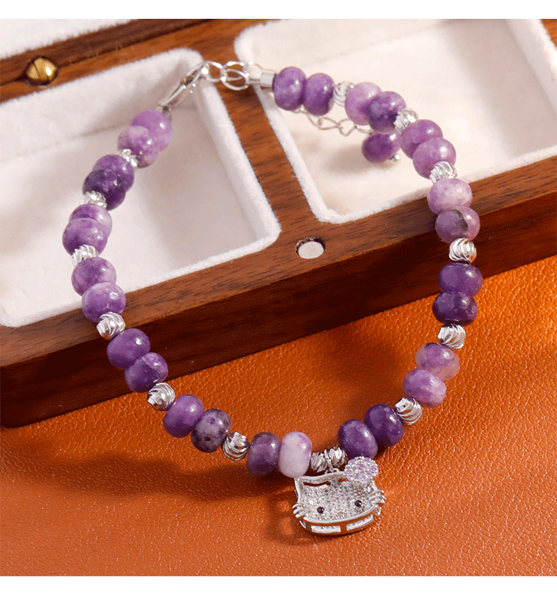 Hyacinth natural stone amethyst bracelet, fashionable, light luxury, sweet and elegant, whitening and high-end look, 2025 new accessory Hello Kitty cat crystal bracelet pic 4