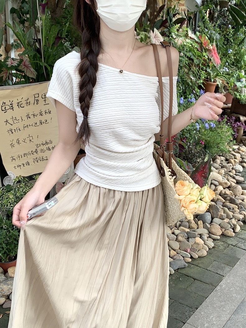 斜肩肌理感韩版短袖T恤女夏季修身显瘦内搭打底衫白色气质上衣服详情9