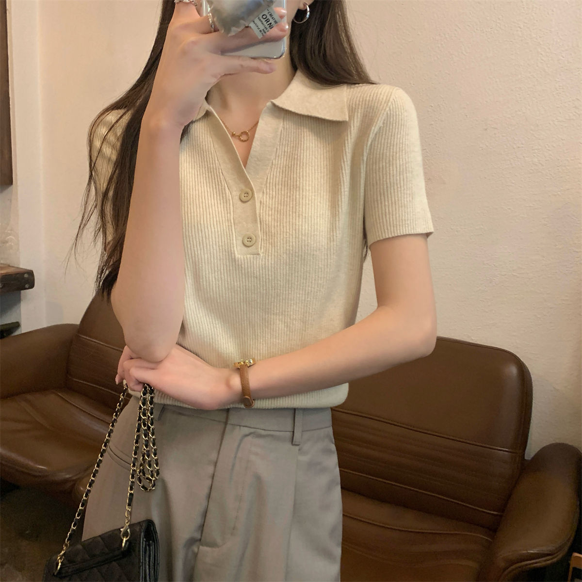 韩系坑条针织T恤夏季修身显瘦polo翻领正肩短袖女上衣气质打底衫详情13