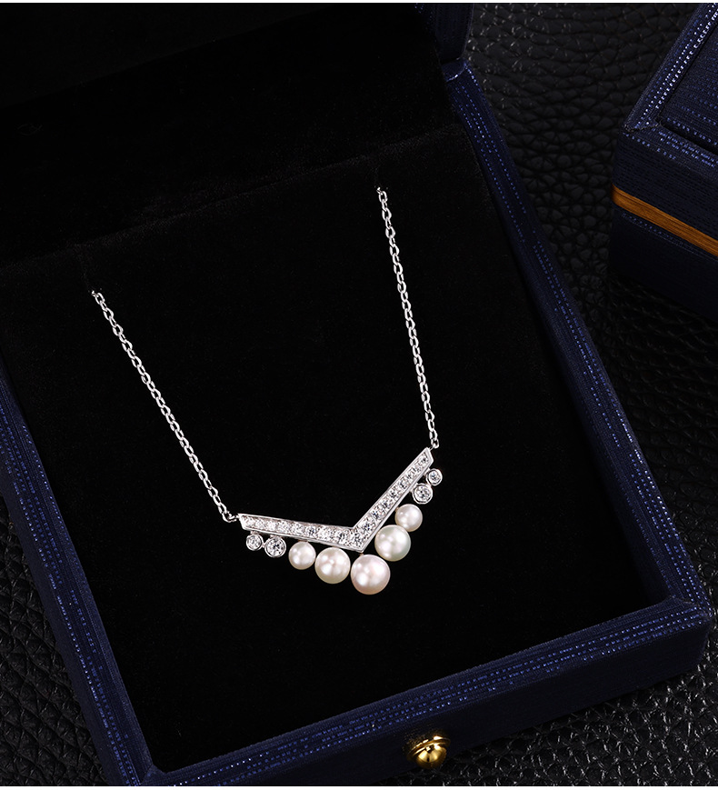 Zhuoheng Select 925 sterling silver freshwater pearl necklace, small V-shaped diamond-encrusted collarbone chain, high-end, light luxury and fashionable necklace pic 7