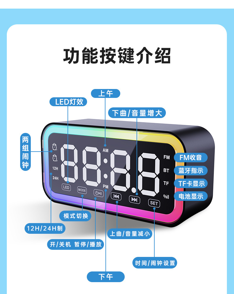 亚马逊热销蓝牙音箱 无线音箱桌面时钟电脑小音响智能语音小夜灯详情25