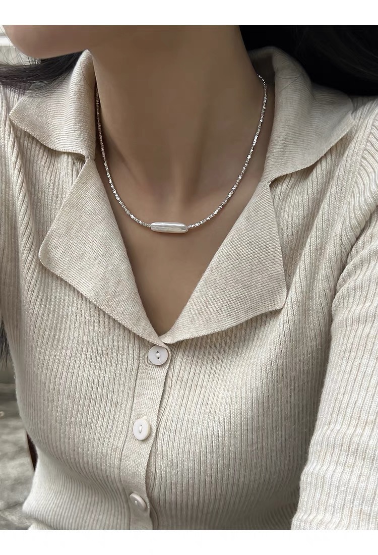 巴洛克异形淡水珍珠小银条珍珠项链镀银碎银子轻奢气质时尚锁骨链详情8