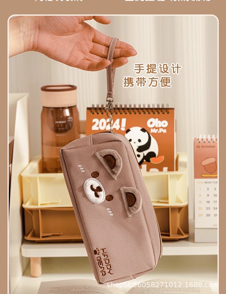 新款可爱刺绣猫咪笔袋大容量高颜值女小学生多功能简约文具铅笔盒详情7