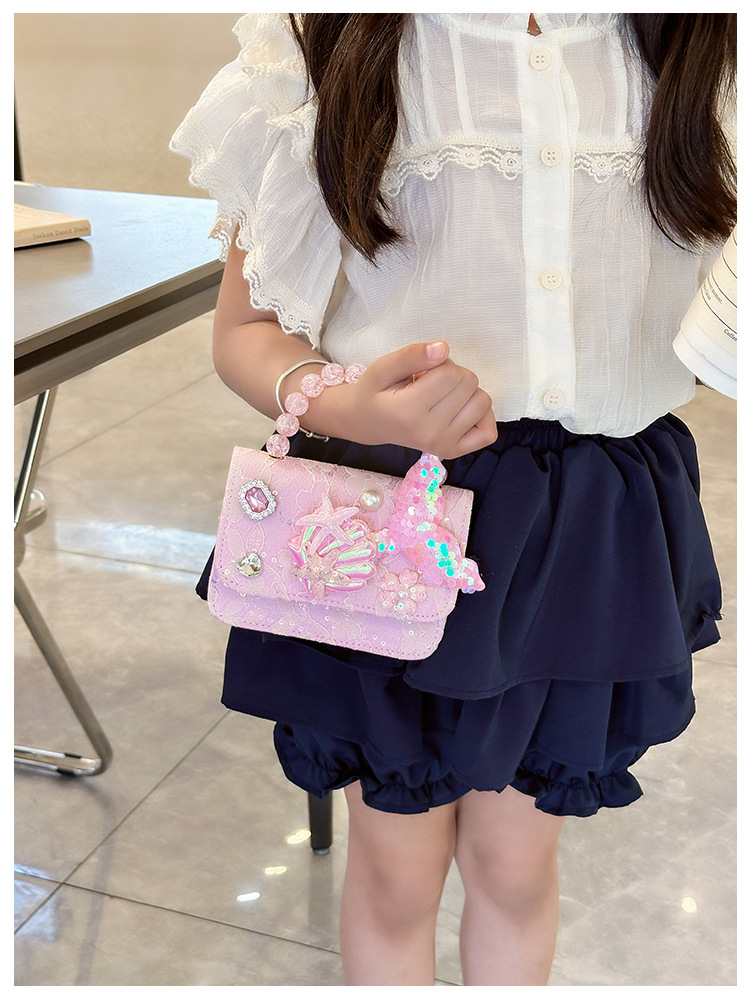 新款儿童珍珠手提包可爱美人鱼蕾丝公主包女宝时尚游玩搭配斜挎包详情10