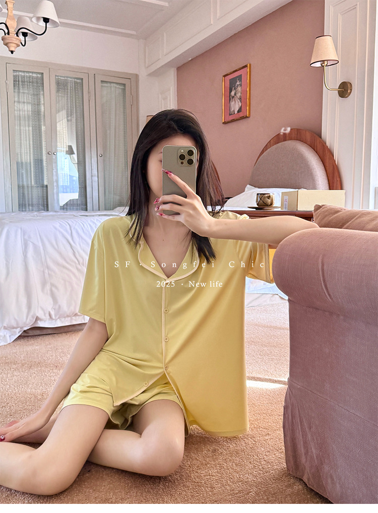 A two-piece set of casual wear for women in the original color ice leather, a summer pajama set with a cool and contrasting color, featuring new short-sleeved shirts and shorts pic 29