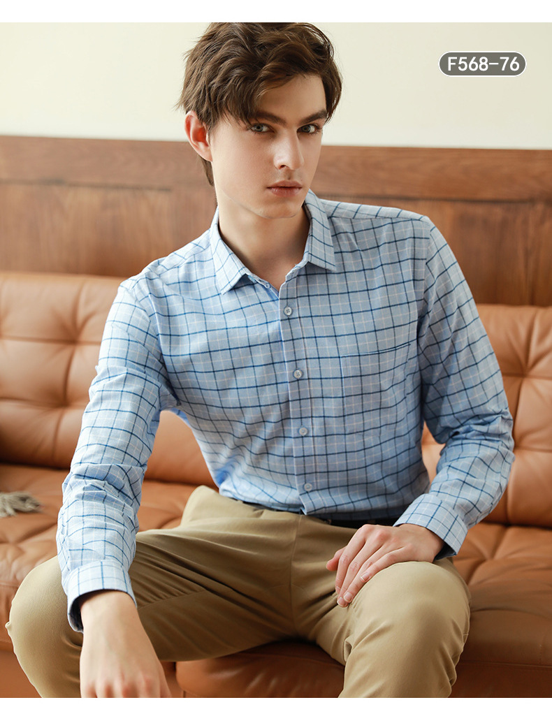 格子衬衫男士长袖秋冬新款全棉休闲韩版英伦修身纯棉磨毛透气衬衣 pic 15