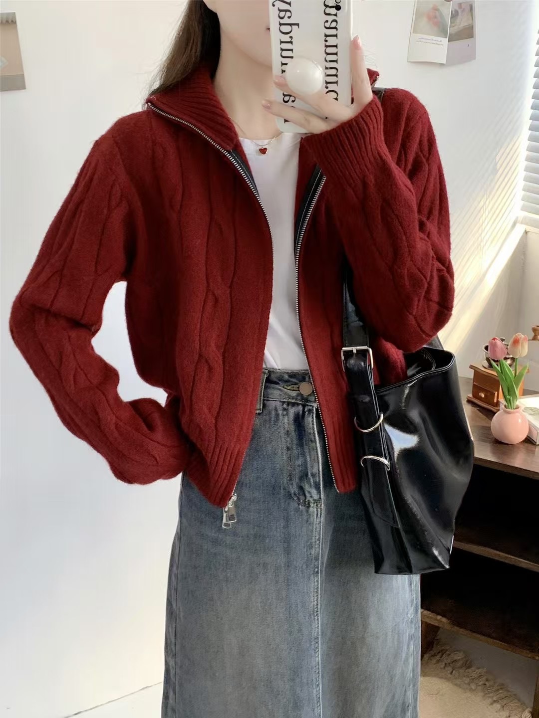 Solid-color casual double-zipper twisted knit cardigan coat, fashionable and versatile, new autumn and winter style sweater top for women pic 28