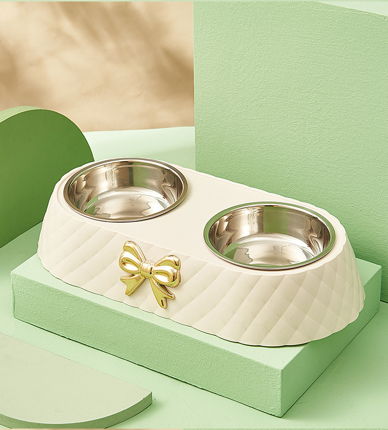 Bow-shaped pet double bowl dog food set, stainless steel double bowl anti-knock and anti-slip, light luxury style cat bowl wholesale pic 9
