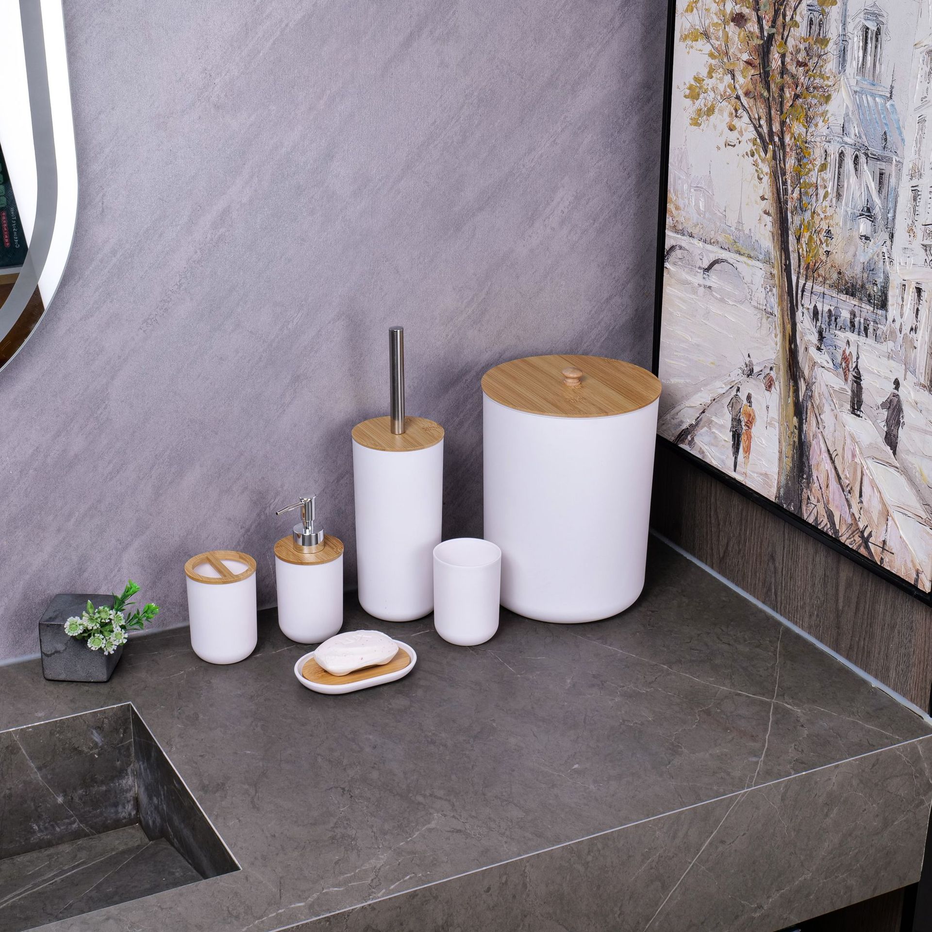 YUFEI跨境卫浴洗漱竹木六件套乳液泵牙刷杯肥皂盒北欧风简约套装详情13