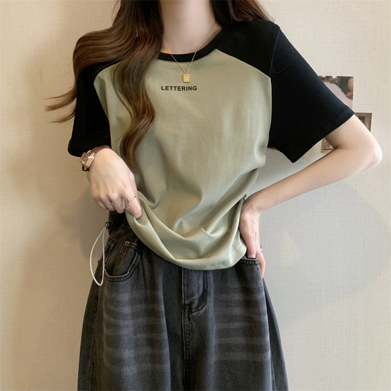 短袖T恤女夏季印花字母打底衫大码显瘦休闲正肩撞色抽绳上衣外穿详情14