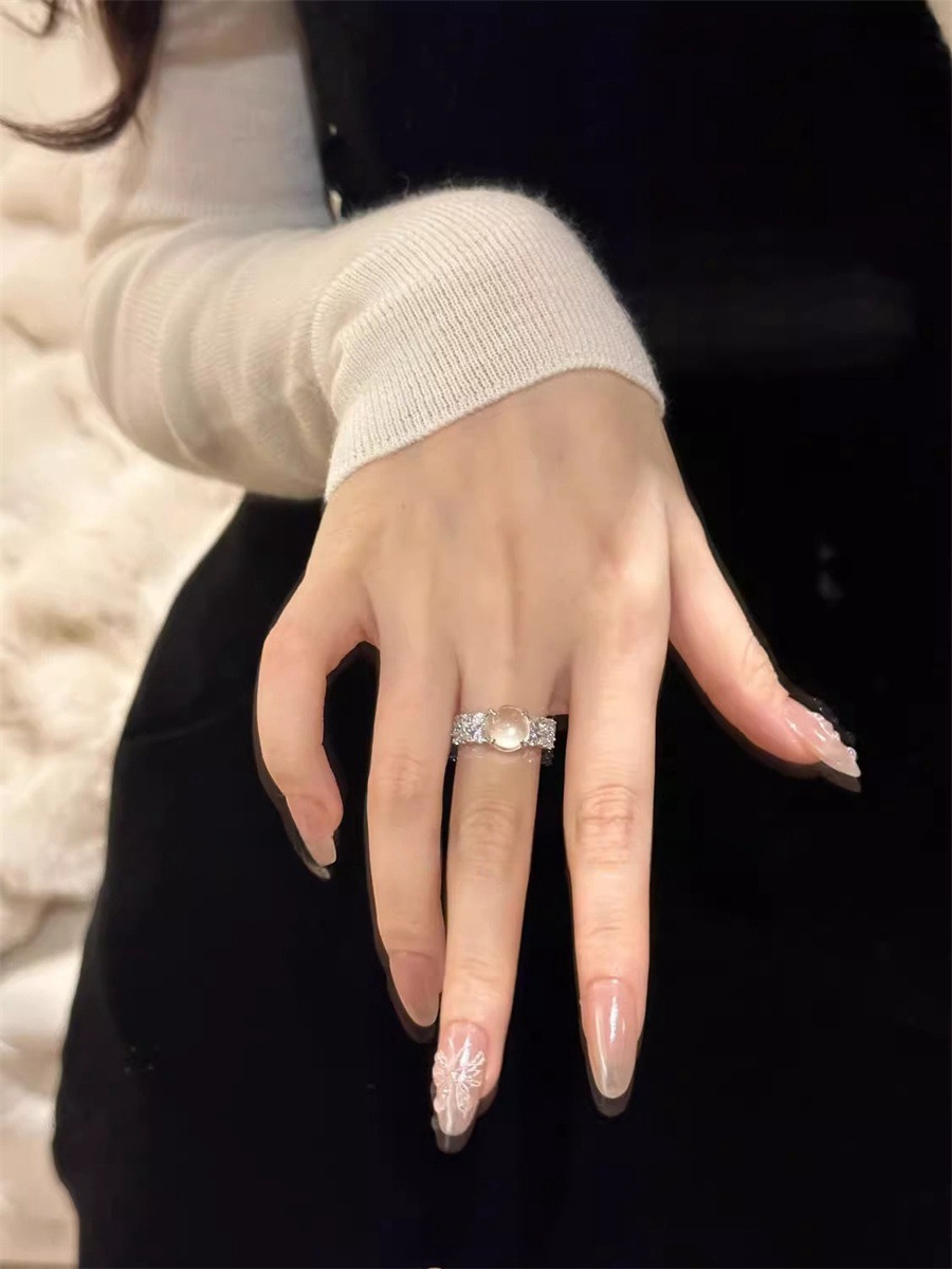 新中式冰透玉髓戒指女时尚小众设计食指戒轻奢高级感锆石开口指环详情5