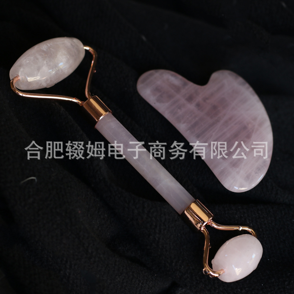 天然粉晶玉石滚轮按摩器刮痧板脸部眼部全身拔筋棒美容按摩工具详情5