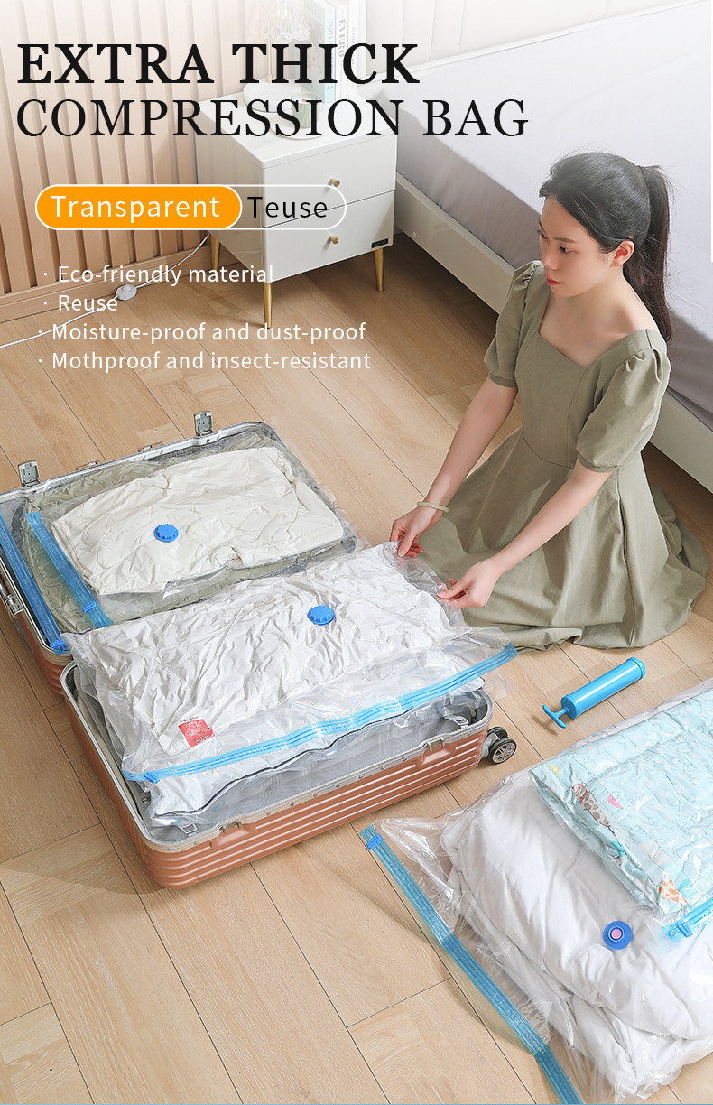 Transparent vacuum compression bag, seasonal clothing storage bag, clothes and quilt storage bag, hand roll, thickened explosion-proof zipper pic 1