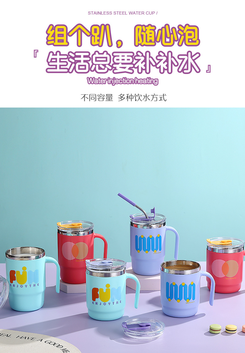 Simple water cup with handle, household and office sealed water cup, mug, student water cup with straw, stainless steel water cup pic 12