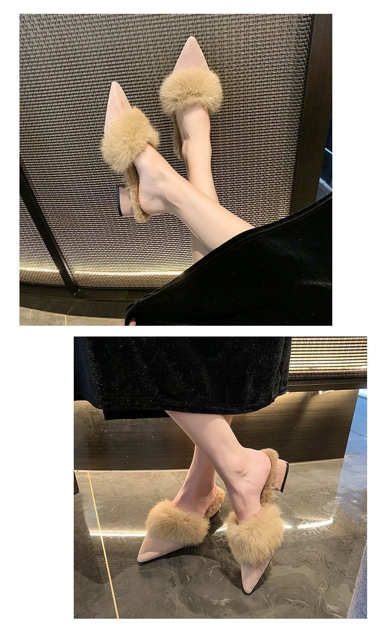 尖头毛毛棉拖鞋2025秋冬季新款日常软底一脚蹬包头半拖鞋加绒保暖详情4