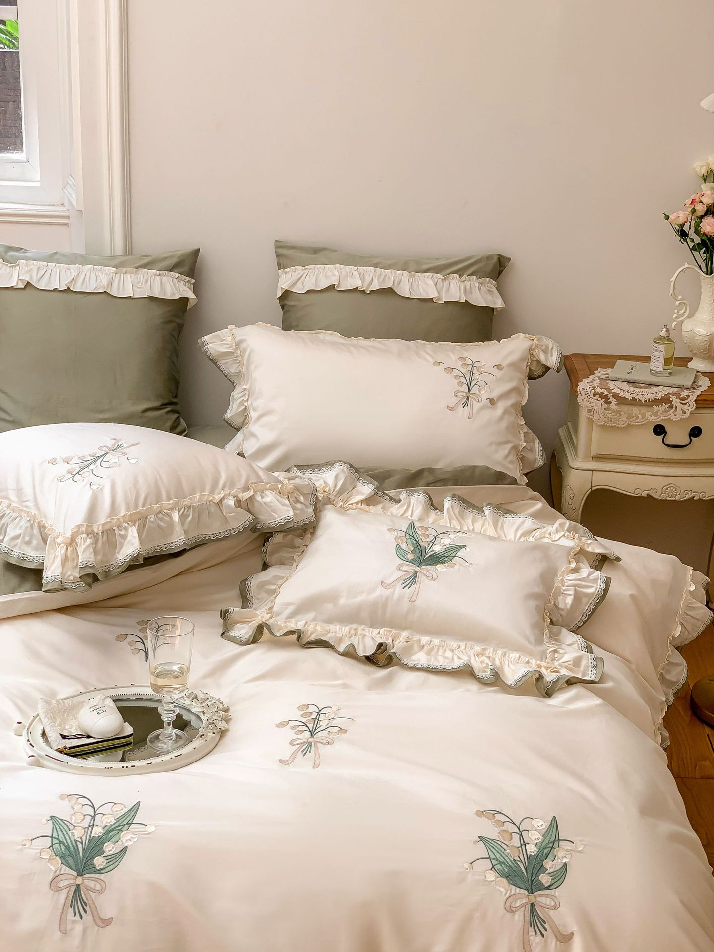 Classical embroidery double-piece natural color fabric with ruffled edges and rounded corners, 100S Australian cotton double-strand Gongbrocade, long-staple cotton four-piece set pic 15