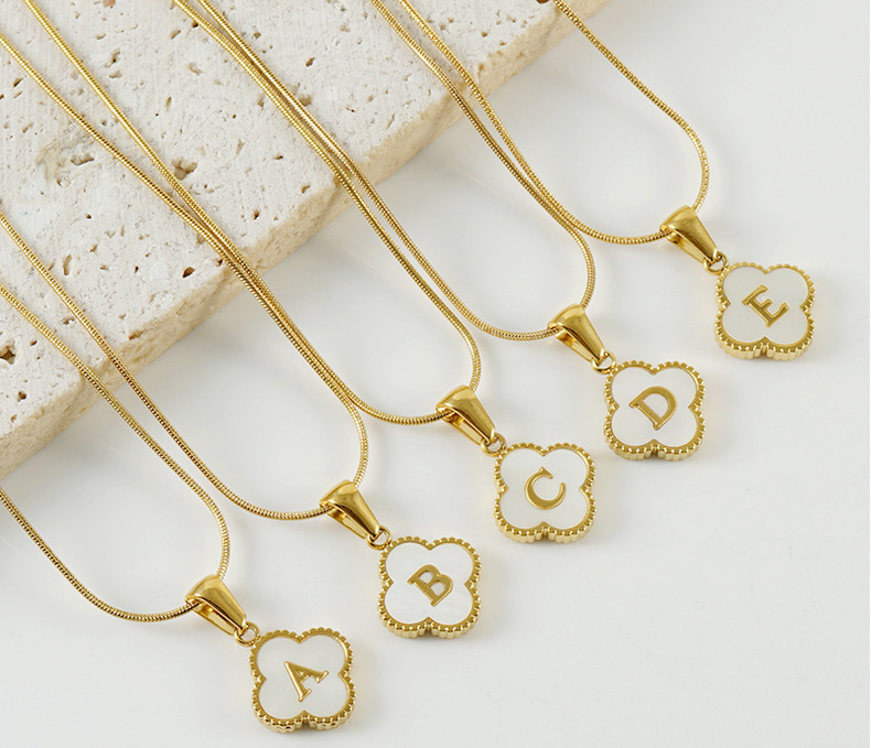 European and American cross-border stainless steel four-leaf clover shell letter pendant in gold, 26 English letters titanium steel snake bone necklace for women pic 18