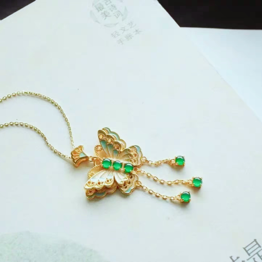 幽梦蝶生珐琅蝴蝶吊坠越南沙金珍珠首饰久不掉色锁骨项链女批发详情6