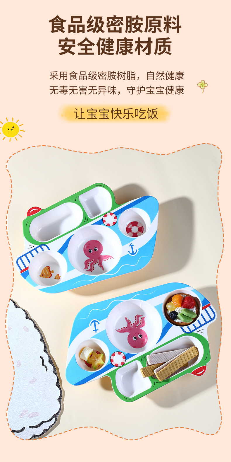 儿童卡通餐具食品级家用防摔交通工具小汽车飞机轮船形状创意餐盘详情5