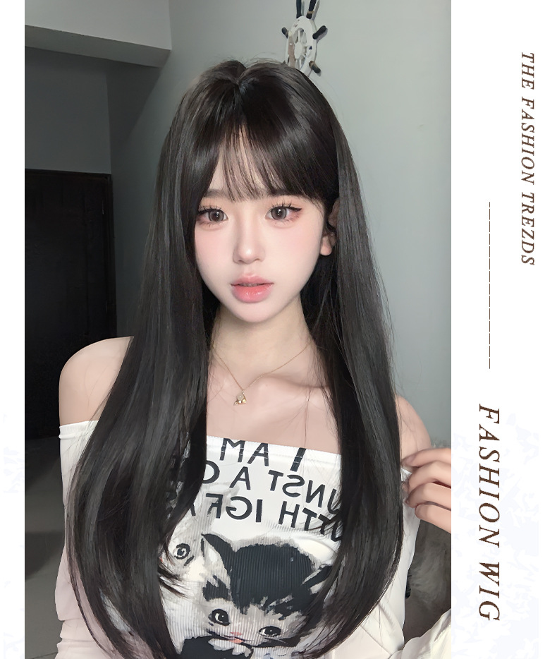 Wholesale of full-length headsets for trendy girls with fake black hair, long straight lines, natural fluffiness, and simulated bangs pic 10