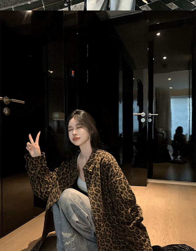 美式复古豹纹Polo领衬衣外套女早秋慵懒风宽松气质中长款风衣上衣详情5