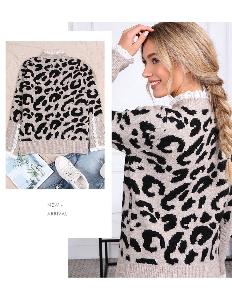 豹纹款毛衣女蕾丝花边拼接圆领长袖套头针织衫欧美时尚休闲毛衣详情6