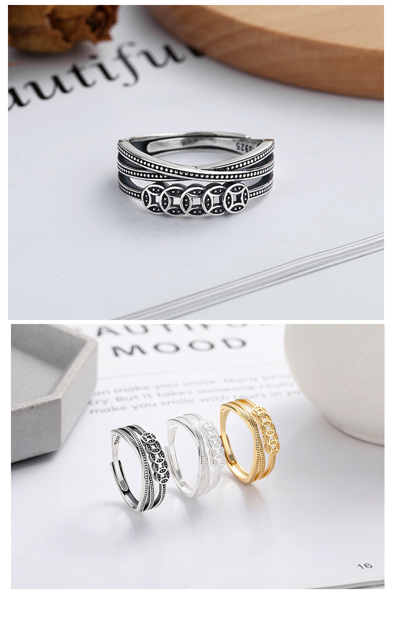 Yunchaoxuan S925 pure silver copper coin ring, retro and aged ethnic style multi-layer wound ring, direct sales from the manufacturer for index fingers pic 9