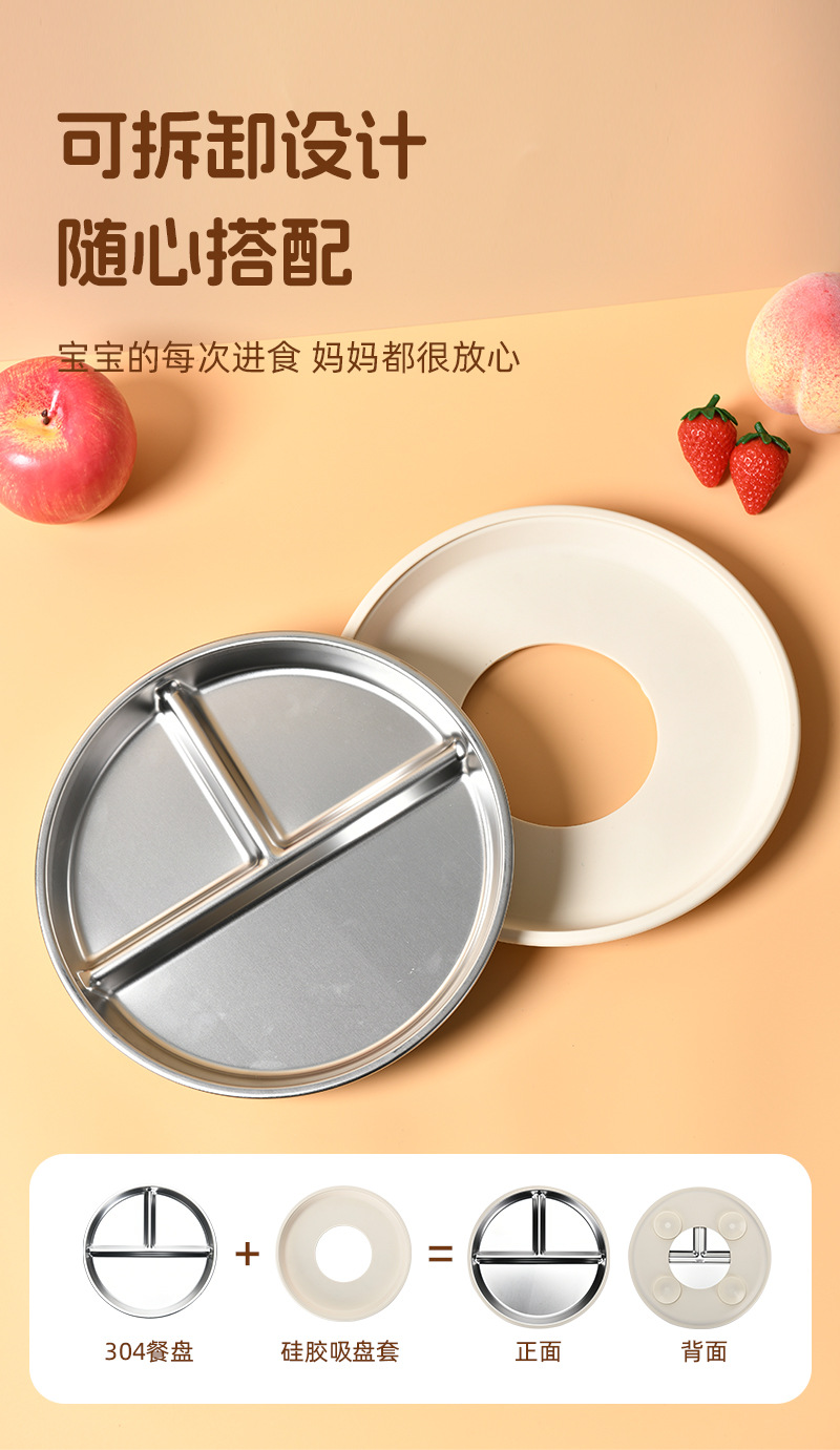 硅胶不锈钢分隔盘 儿童喂养餐具 不锈钢分格餐盘 硅胶防滑吸盘套 隔热安全 现货供应详情5