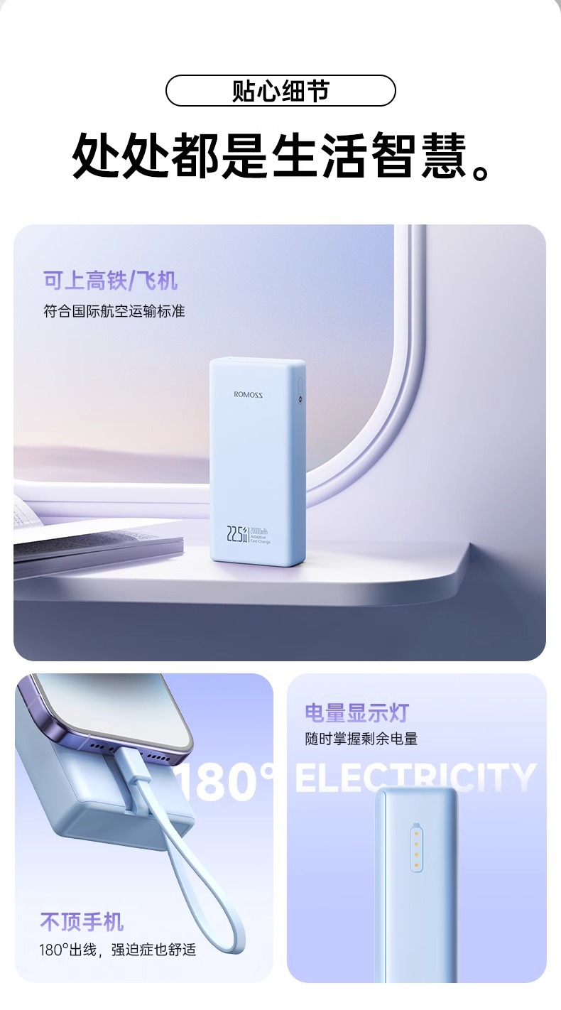 罗马仕充电宝快充带线20000毫安22.5W超级快充移动电源大容量印制详情12