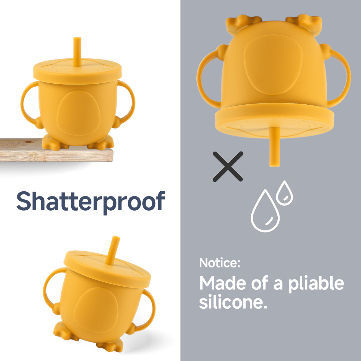 企鹅水杯食品级儿童硅胶吸管水杯现货 跨境婴儿双耳硅胶防摔水杯详情6