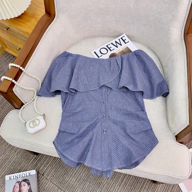 现货UNSP一字肩花边条纹短袖衬衫女2025夏季新款气质收腰显瘦上衣详情9