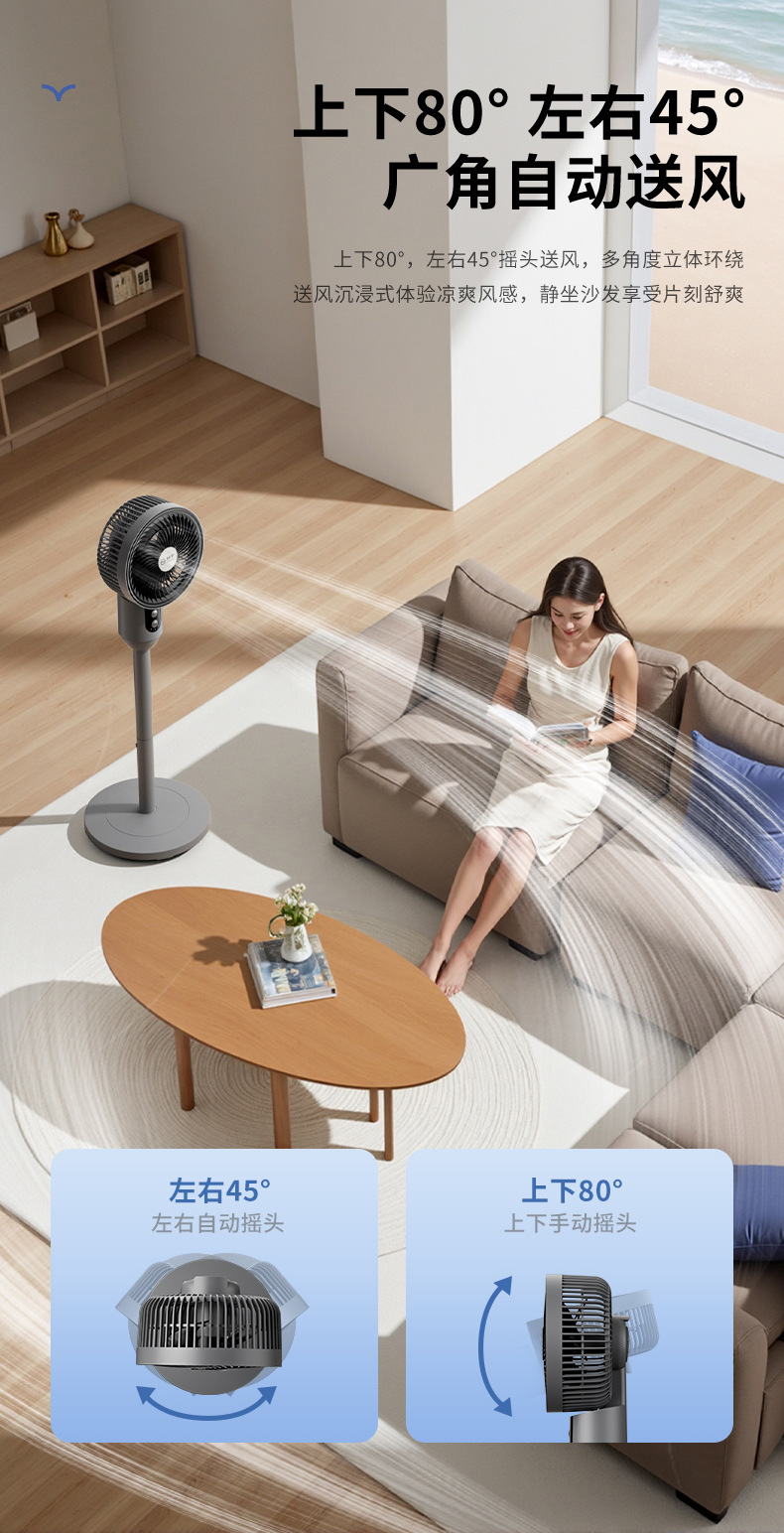 杨子新款空气循环扇三档家用遥控电风扇台立两用静音大风力落地扇详情9