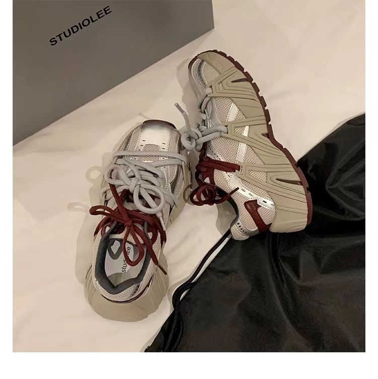 葡萄妈同款 画报女孩 时髦双鞋带网面拼接厚底增高老爹鞋女真皮详情22