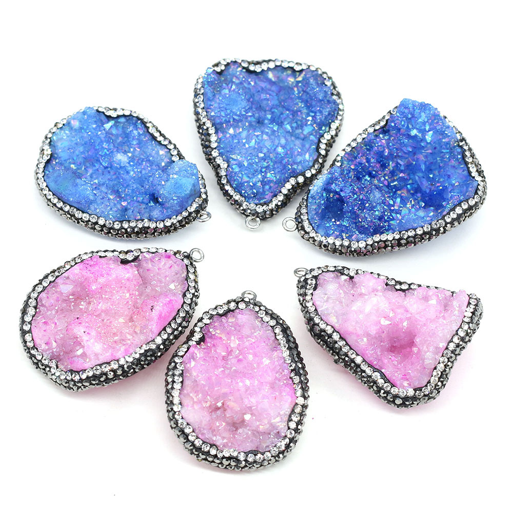 Natural semi-precious stone irregularly shaped agate crystal bud diamond-encrusted edge pendant DIY jewelry accessory, handcrafted wholesale pic 13