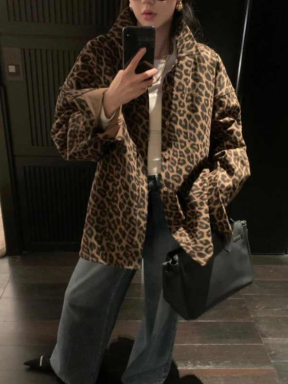 美式复古豹纹Polo领衬衣外套女早秋慵懒风宽松气质中长款风衣上衣详情2