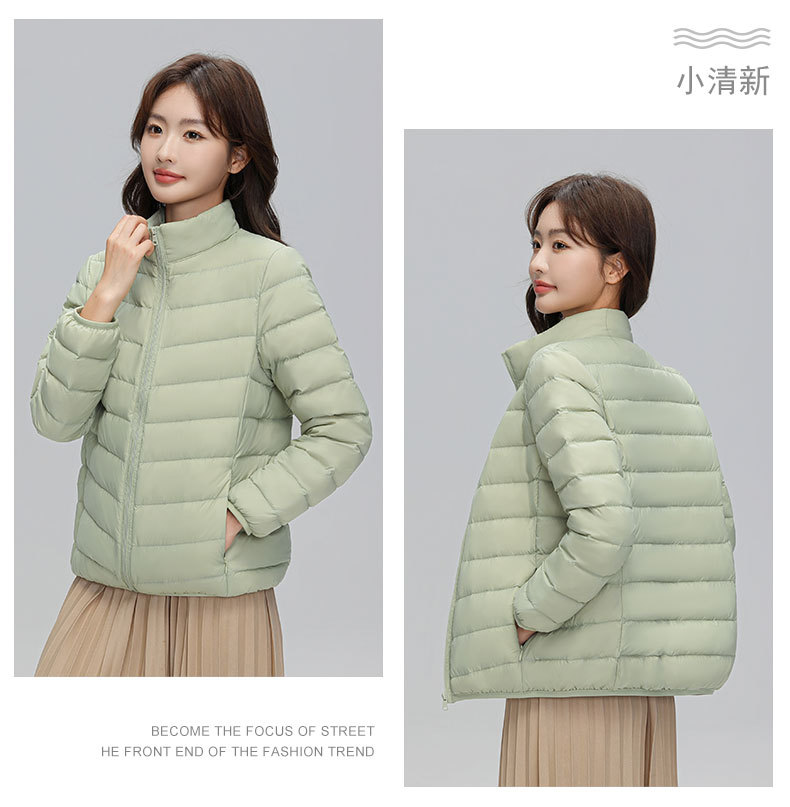 A light and thin down jacket for women in the autumn and winter of 2025, a short 90mm white duck down winter stand-up collar, a slimming casual coat trend pic 15