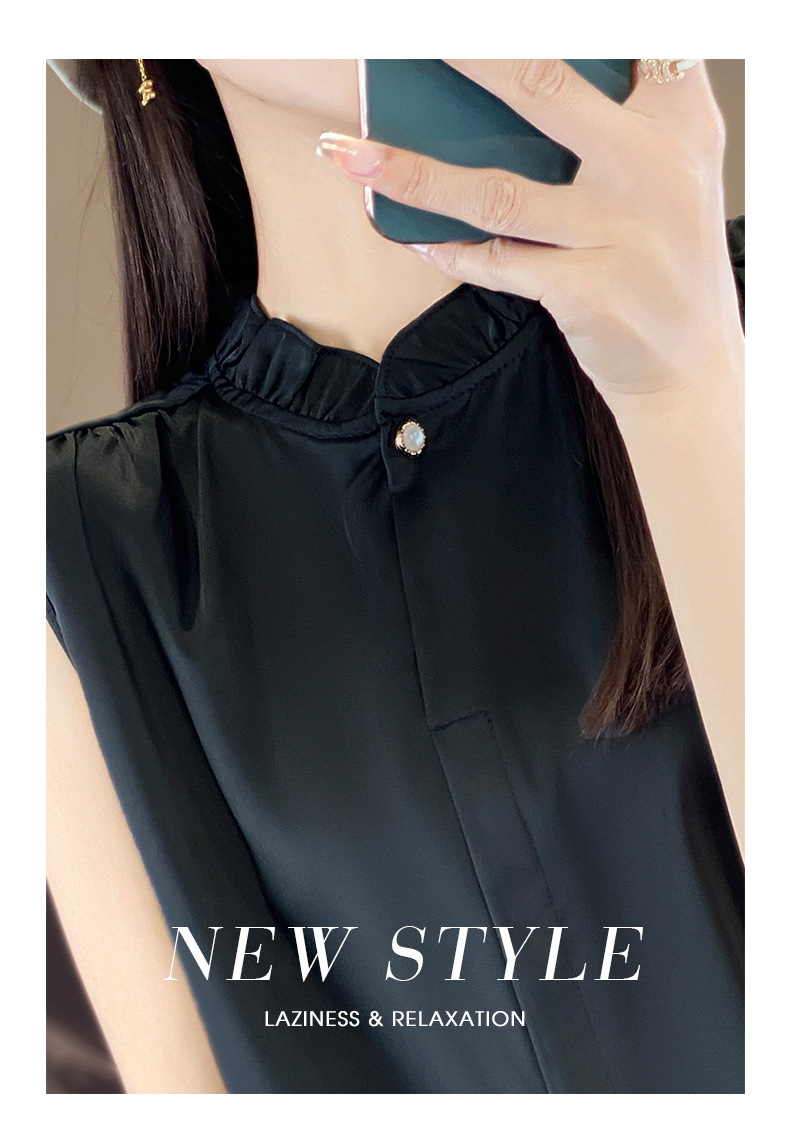 木耳边无袖缎面衬衫背心女立领薄气质衬衫女上衣背心内搭无袖T恤详情26