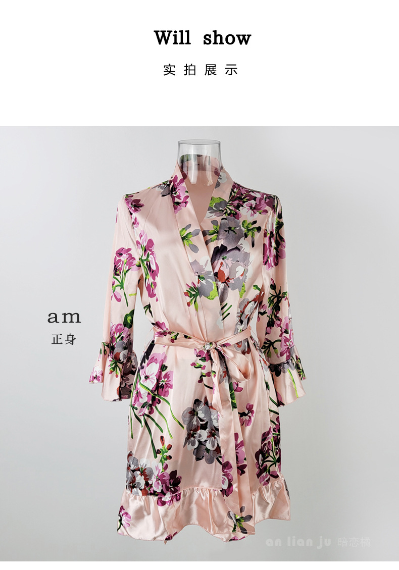 Amazon cross-border Sardinian printed leaf-edge pajamas for women, summer silk bathrobes and bathrobes for home wear 6057 pic 24