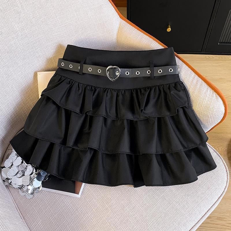 y2k辣妹黑色蓬蓬蛋糕裙女秋季甜酷半裙高腰爱心皮带牛仔腿套短裙详情11