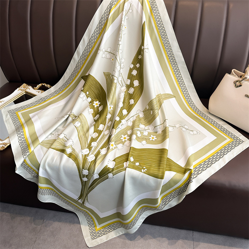 A 90cm new elegant and stylish square scarf with a twill pattern featuring Chinese trend lily of the valley flowers. It is a versatile sun-protective shawl and headscarf for women pic 6