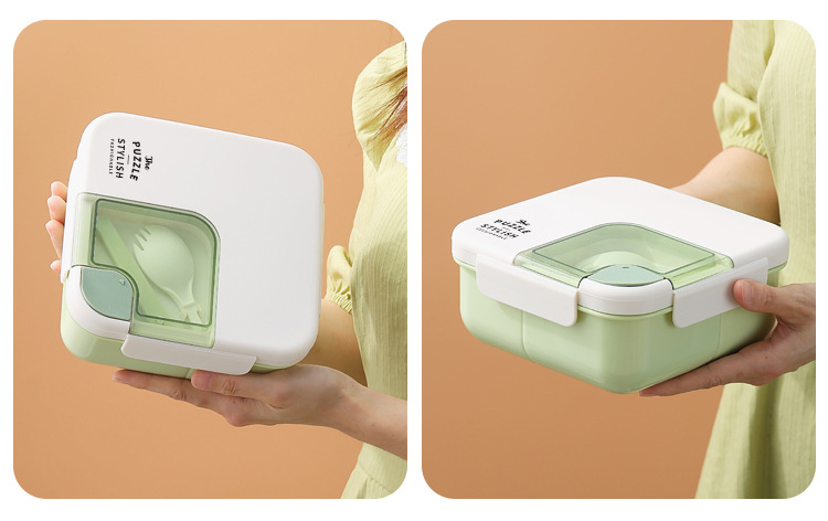 Student and office worker lunch box, plastic compartments, square, portable lunch box with tableware, microwave bento box pic 15
